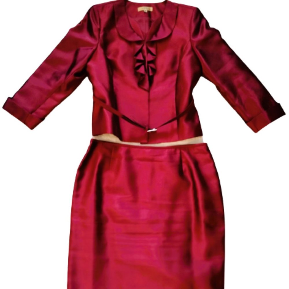 🌟HOST PICK🌟KASPER 2PC cranberry Suit Skirt Ruffle chest lined Size 14P